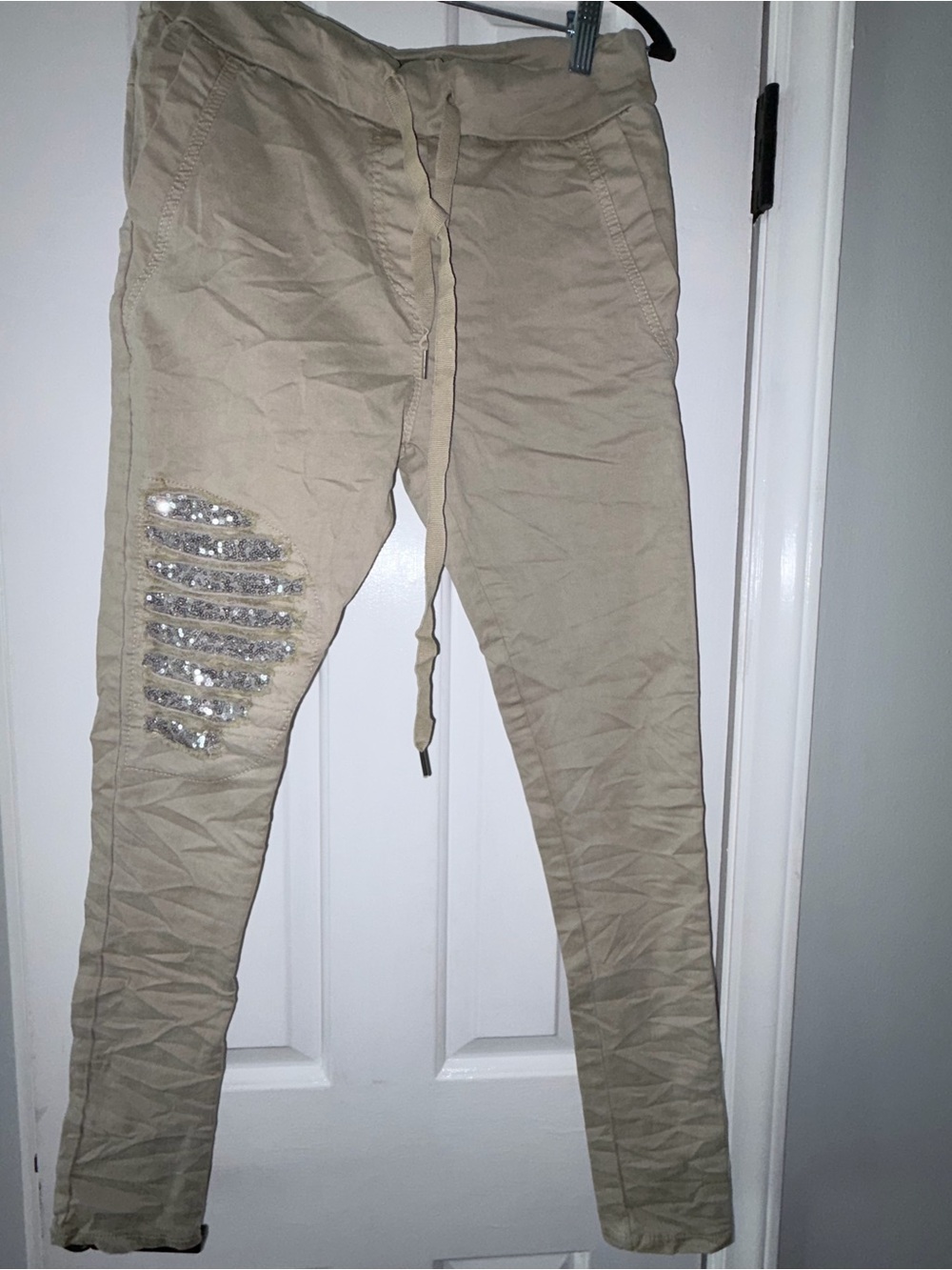 Beige Women's Jogger Pants with Sequin Patch